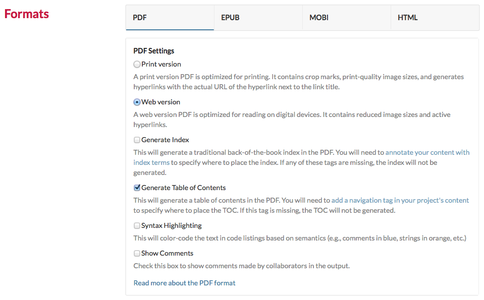 The options of the PDF format