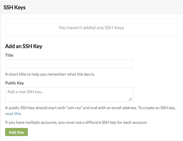 The SSH Keys screen where you can add SSH keys to Atlas
